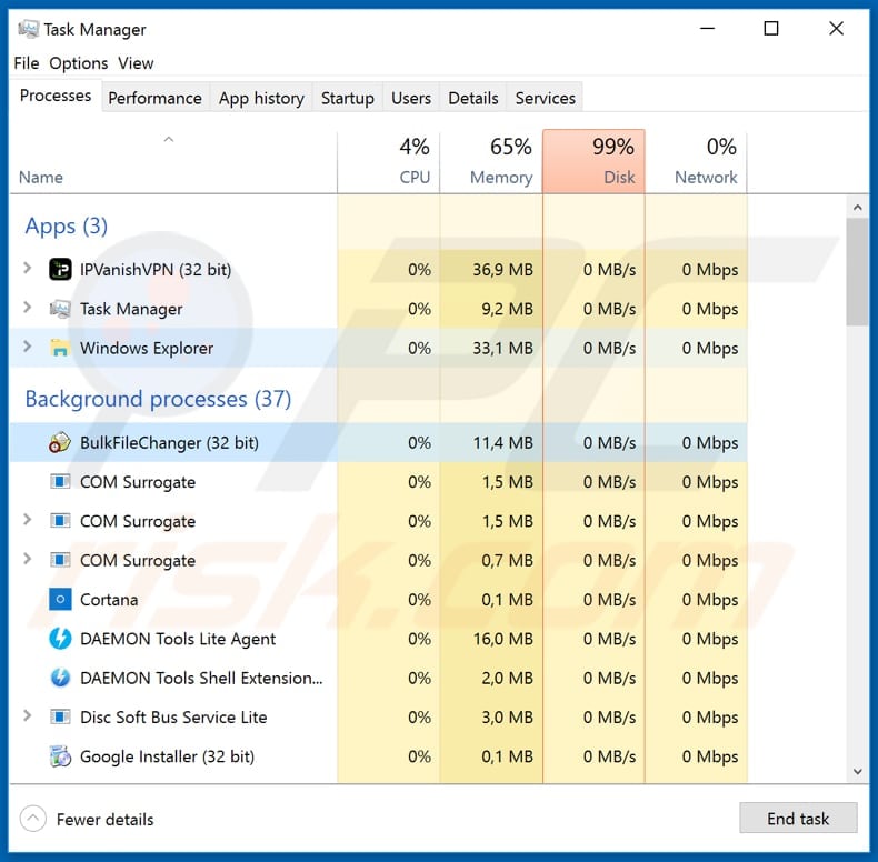 Adobe ransomware BulkFileChanger process in Task Manager 