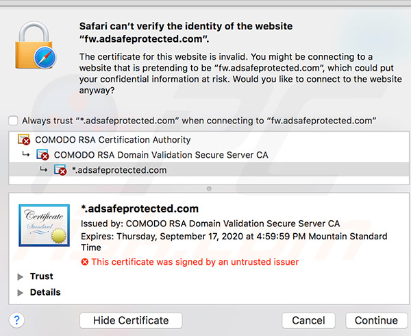 detalle error Safari can't verify the identity of the website fw.adsafeprotected.com