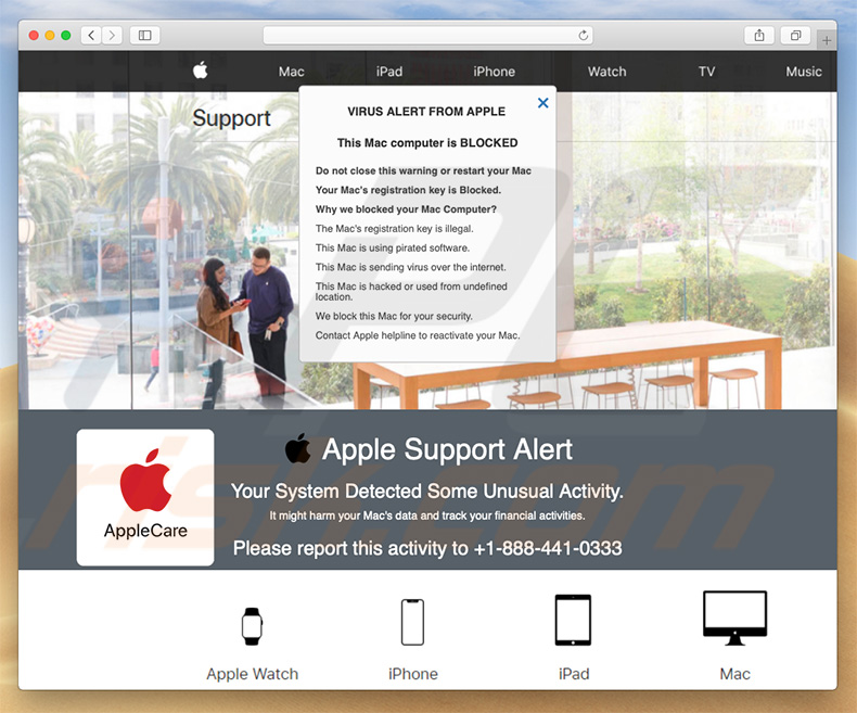 estafa en ventana emergente Apple Support Alert (ejemplo 2)