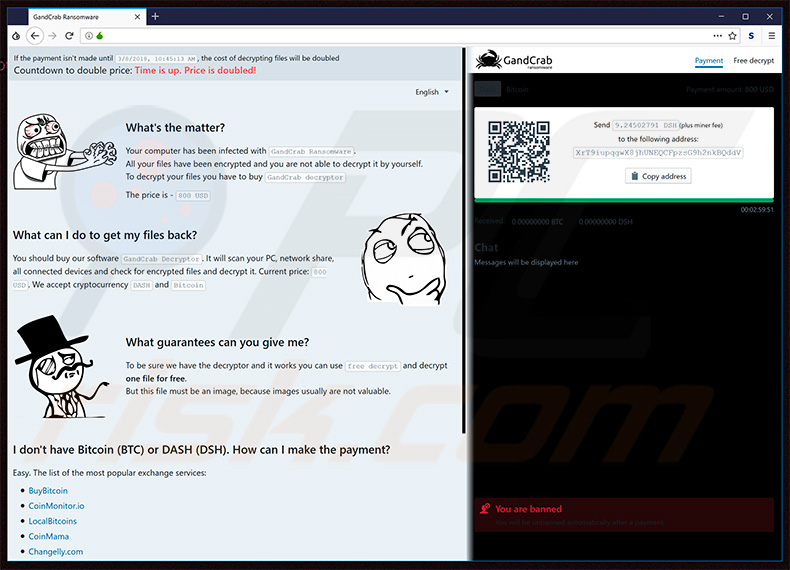 Captura de pantalla del sitio web del ransomware de GandCrab 5.0.9