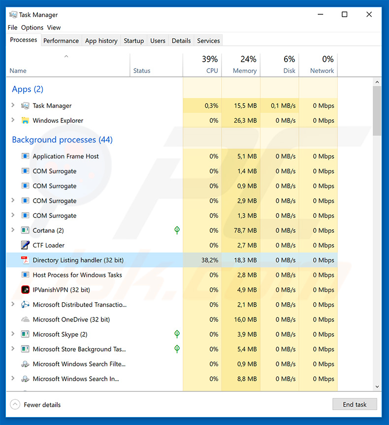 Hawkeye keylogger en el administrador de tareas