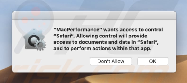 Ventana emergente MacPerformance pidiendo acceso para controlar Safari