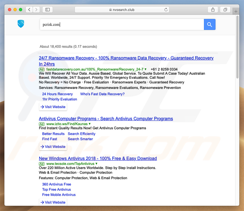 secuestrador de navegadores nvsearch.club en un equipo de Mac