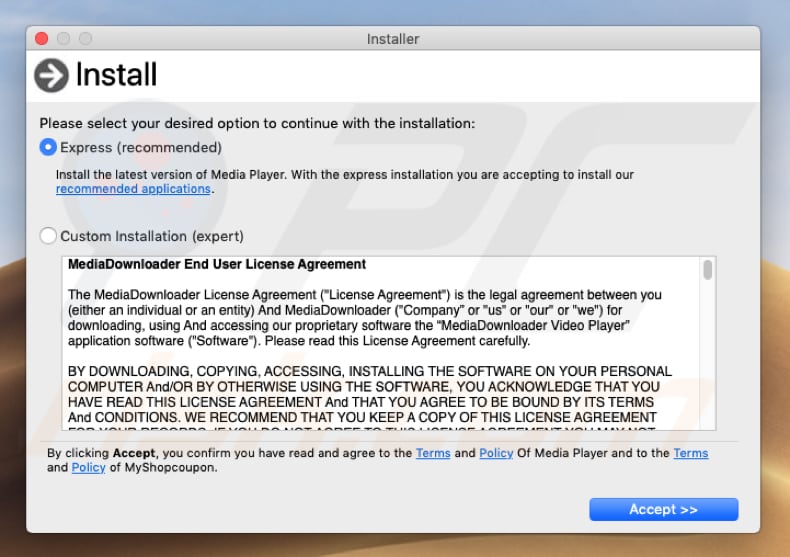 instalador del adware que muestra la falsa advertencia pop-up Osascript wants to control Safari