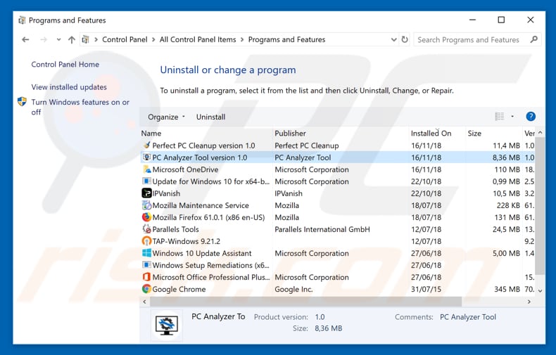 desinstalar el adware PC Analyzer Tool del Panel de control