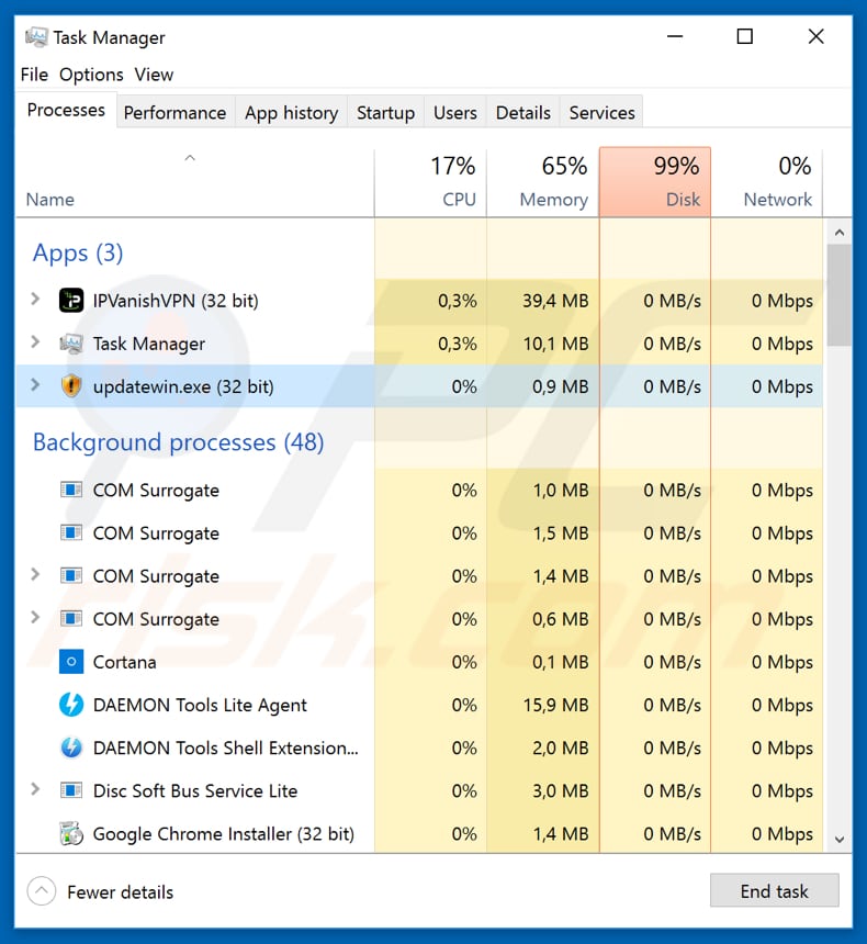 Proceso del ransomware Puma en el Administrador de tareas updatewin.exe Eliminar el cibersecuestro Puma: