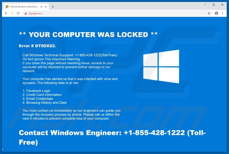 Sitio web de waslocked mostrando la ventana emergente