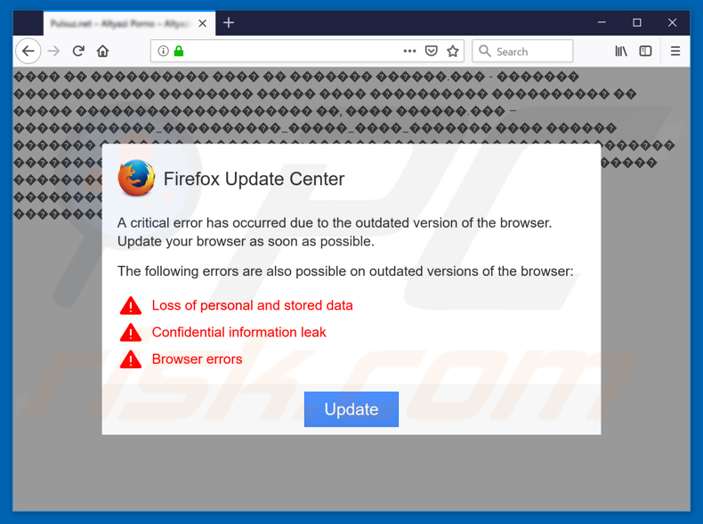 sitio web engañoso Chrome Update Center abierto usando el navegador Mozilla Firefox