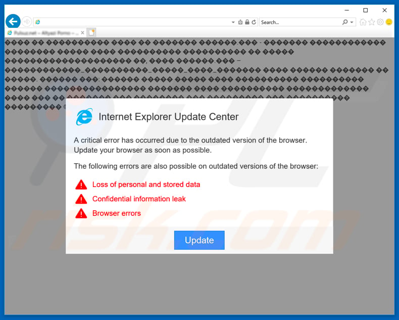 sitio web engañoso Chrome Update Center abierto usando el navegador Internet Explorer