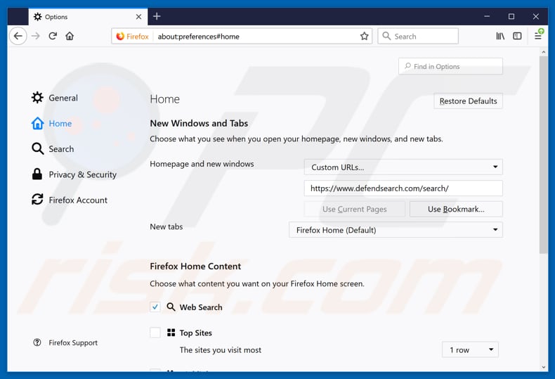 Eliminando defendsearch.com de la página de inicio de Mozilla Firefox