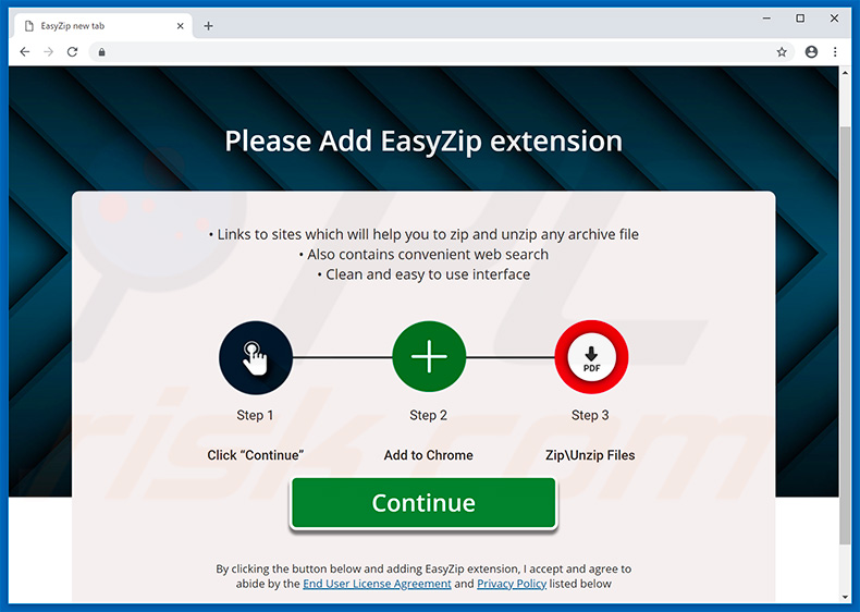 sitio web que promociona el secuestrador de navegadores EasyZip (ejemplo 2)