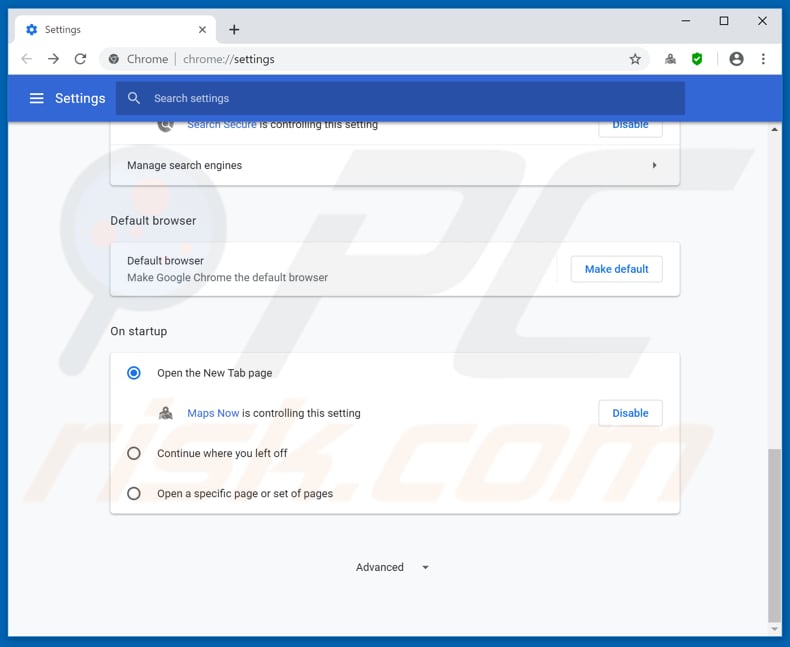 Eliminando mapsnow.co de la página de inicio de Google Chrome