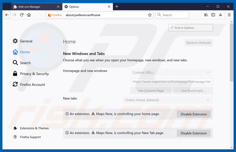 Eliminando mapsnow.co de la página de inicio de Mozilla Firefox