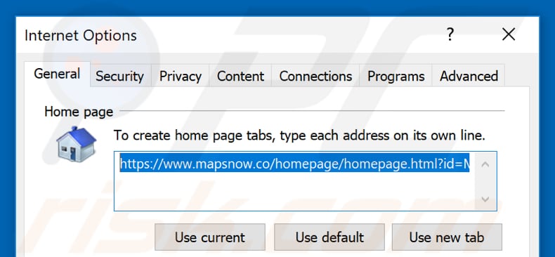 Eliminando mapsnow.co de la página de inicio de Internet Explorer