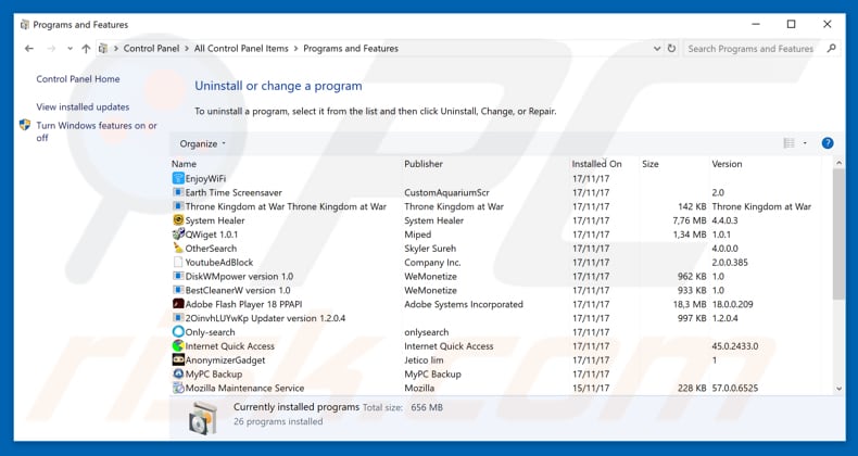 desinstalar el secuestrador de navegadores mapsnow.co desde el Panel de control