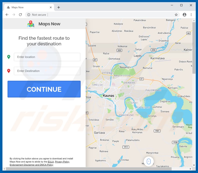 Sitio web que promociona el secuestrador de navegadores Maps Now