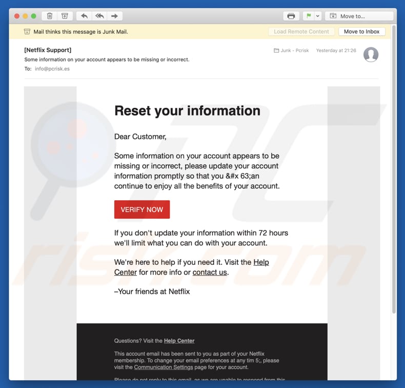 campaña de spam Netflix email virus