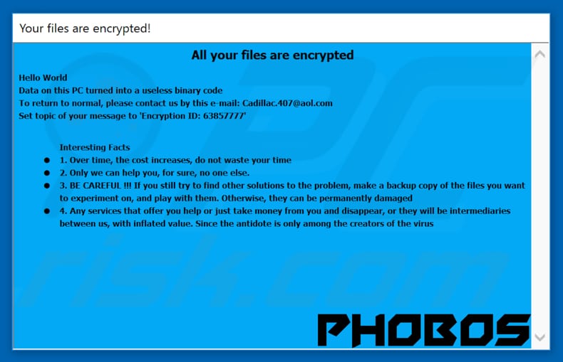 otra versión de la ventana emergente del ransomware Phobos