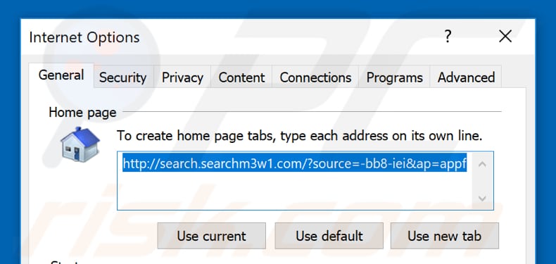 Eliminando search.searchm3w1.com de la página de inicio de Internet Explorer