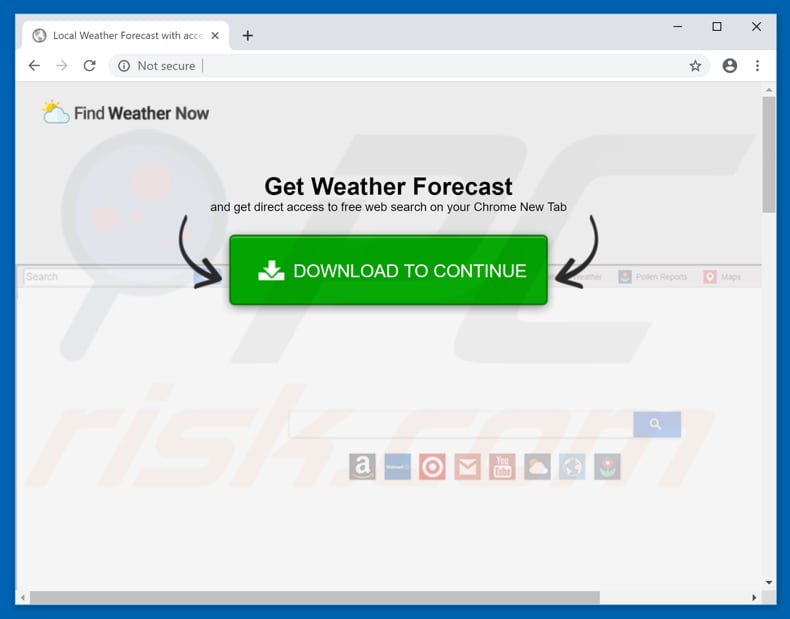 Sitio web que promociona el secuestrador de navegadores  Find Weather Now 