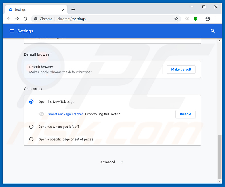 Eliminando smartpackagetracker.com de la página de inicio de Google Chrome