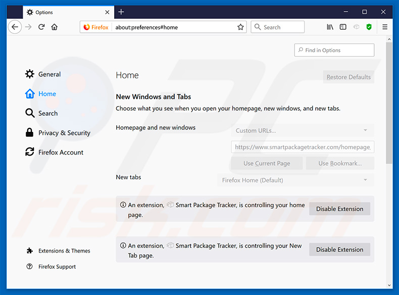 Eliminando smartpackagetracker.com de la página de inicio de Mozilla Firefox