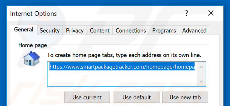 Eliminando smartpackagetracker.com de la página de inicio de Internet Explorer