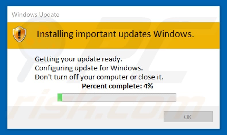 Captura de una ventana falsa de actualización de Windows que aparece durante el proceso de cifrado