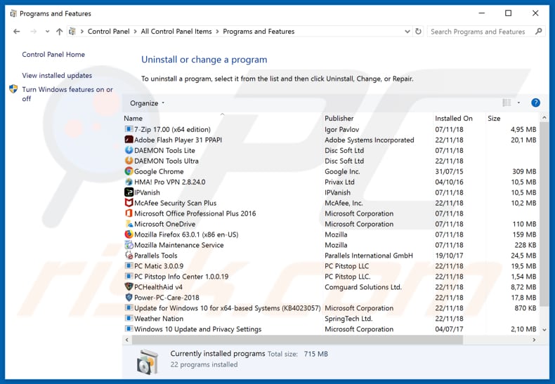 Desinstalar el adware Windows Defender Alert (0x3e7) a través del Panel de Control