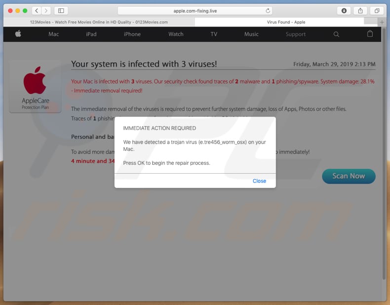 0123movies abre un sitio web que muestra alertas de virus falsas