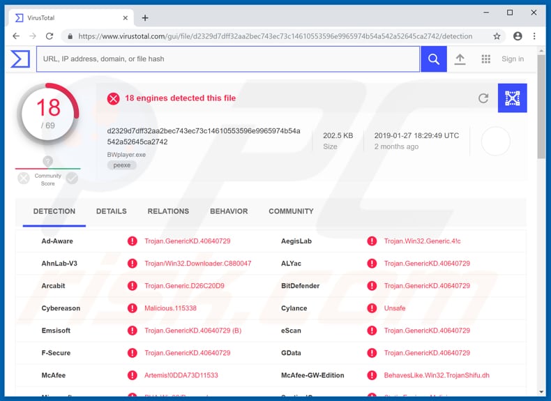 virus total identifica bwplayer como amenaza