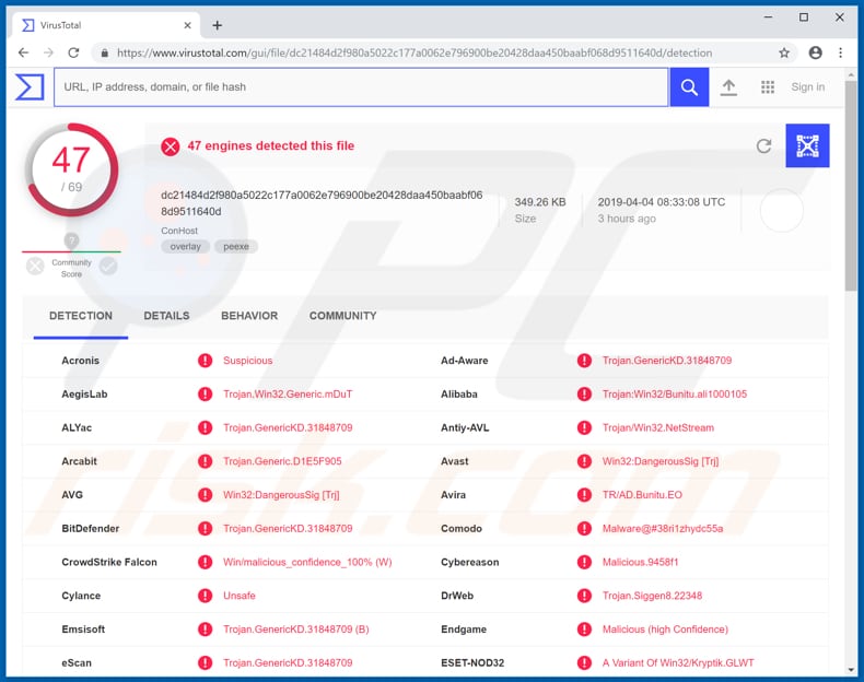 conhost identificado como amenaza por los motores de virustotal