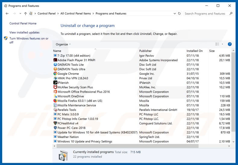 desinstalar el software publicitario flvto[.]biz desde el panel de control