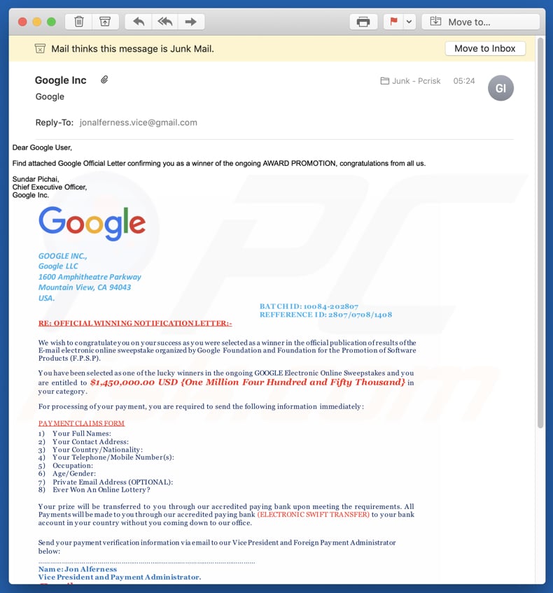 versión 2 d ela estafa por e-mail de google winner