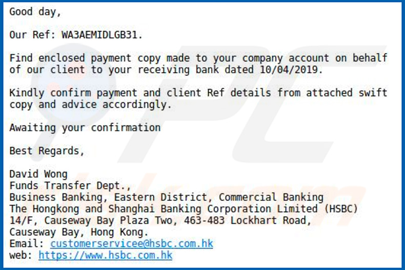 un versión del virus por e-mail HSBC