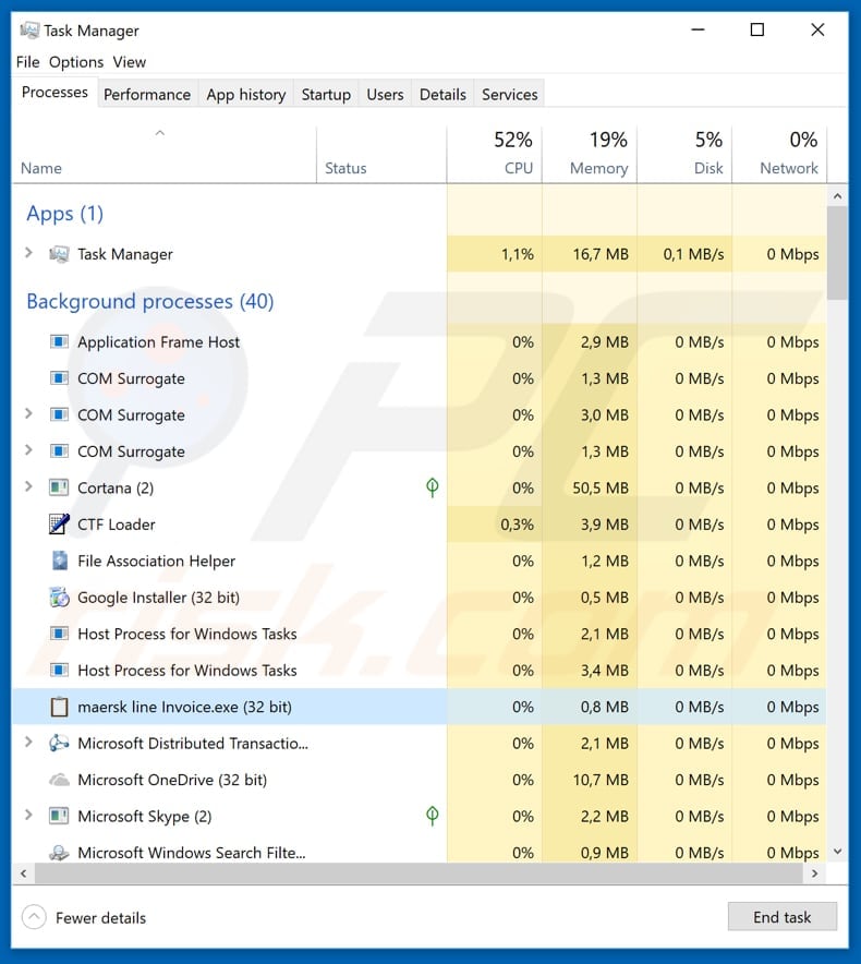 Proceso Pony que se ejecuta en el Administrador de Tareas con el nombre maersk line Invoice.exe (32 bits)