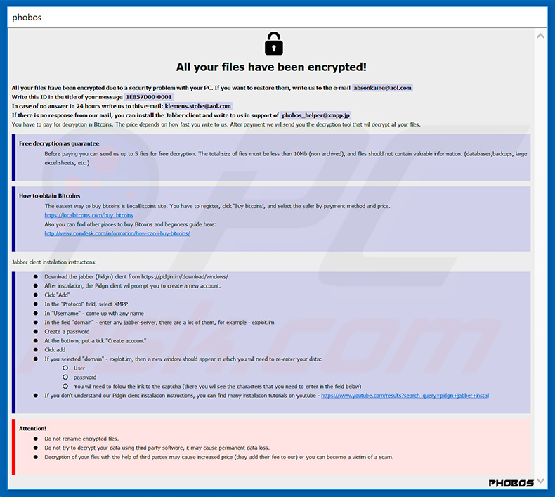 Mensaje de petición de rescate del ransomware Phoenix-Phobos (info.hta)