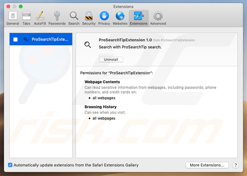 secuestrador de navegadores ProSearchTip en Safari