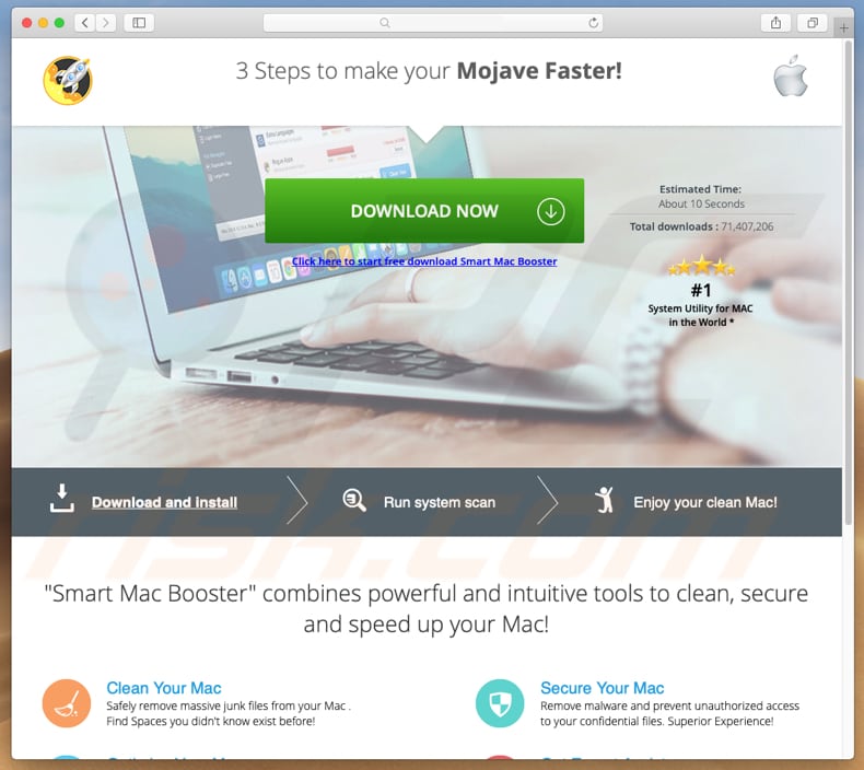 Sitio web engañoso animando a descargar smart mac booster