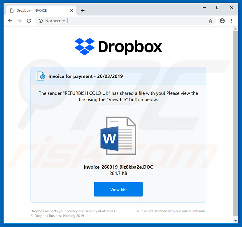 Archivo adjunto malicioso de Tinynuke descargado de Dropbox