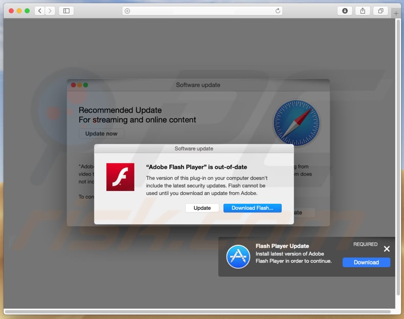 ventana emergente fraudulenta instando a descargar el falso Adobe Flash Player 
