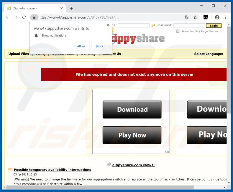 redireccionamientos en pop-ups de Zippyshare