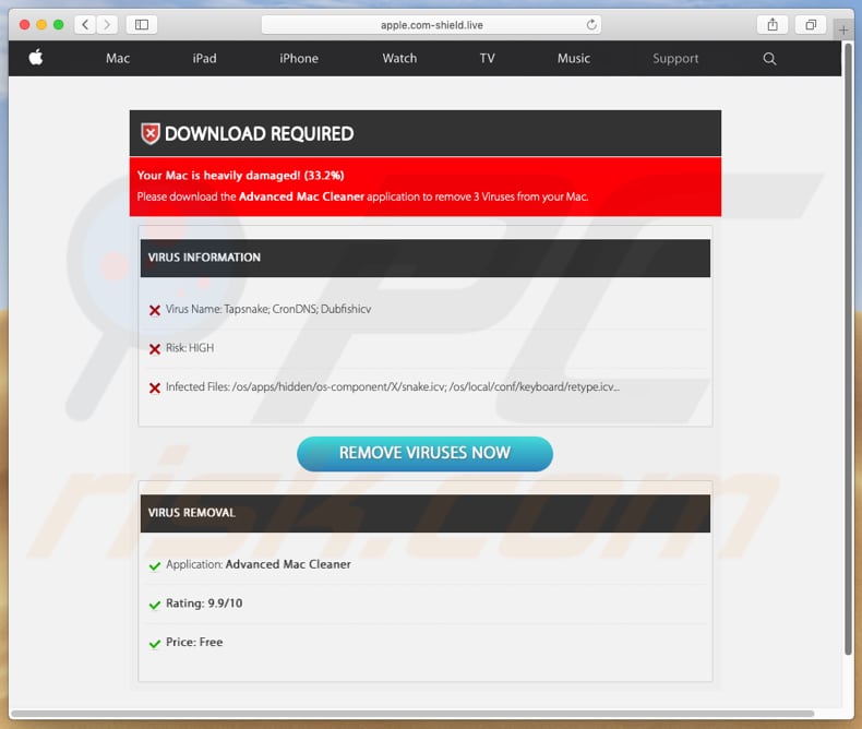 segunda página apple.com-shield[.]live que muestra falsas detecciones