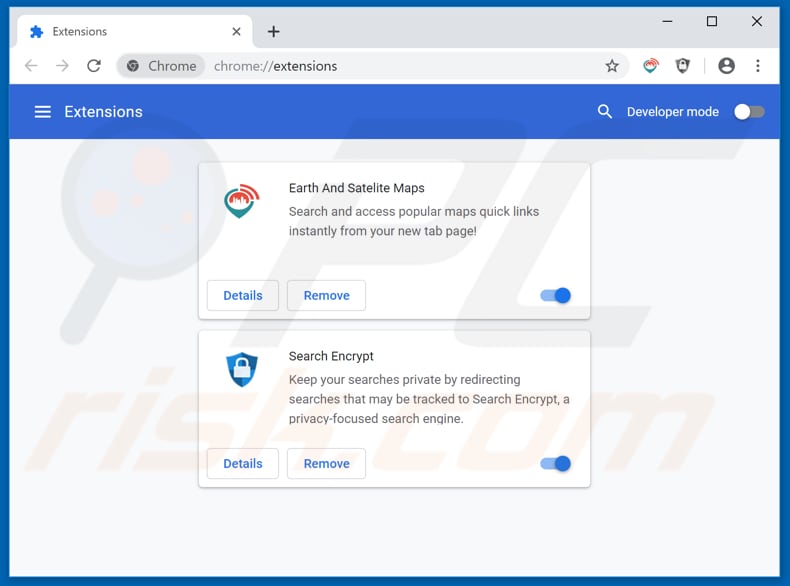Eliminando search.hearthandsatellitemaps.com de las extensiones de Google Chrome