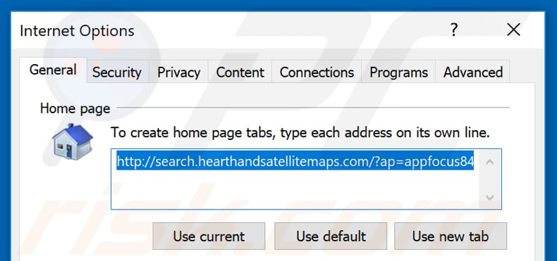 Eliminando search.hearthandsatellitemaps.com de la página de inicio de Internet Explorer
