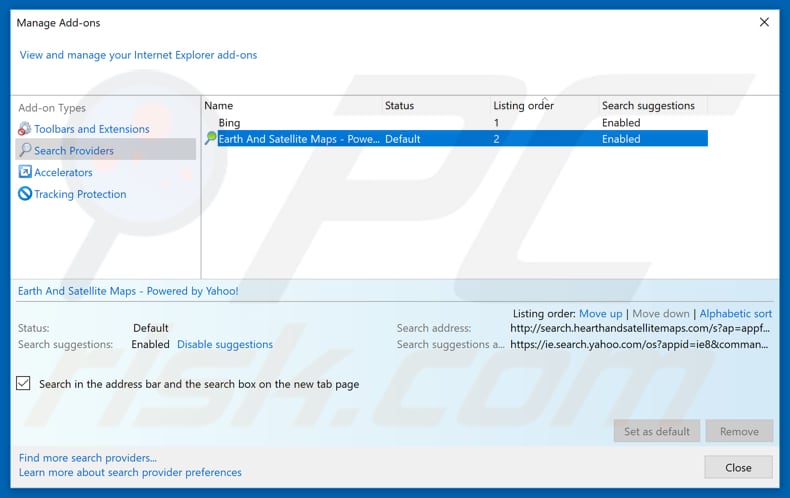 Eliminando search.hearthandsatellitemaps.com del motor de búsqueda por defecto de Internet Explorer