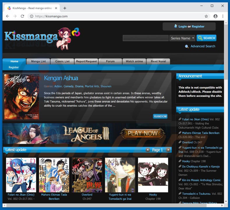 redireccionamientos en ventanas emergentes a Kissmanga