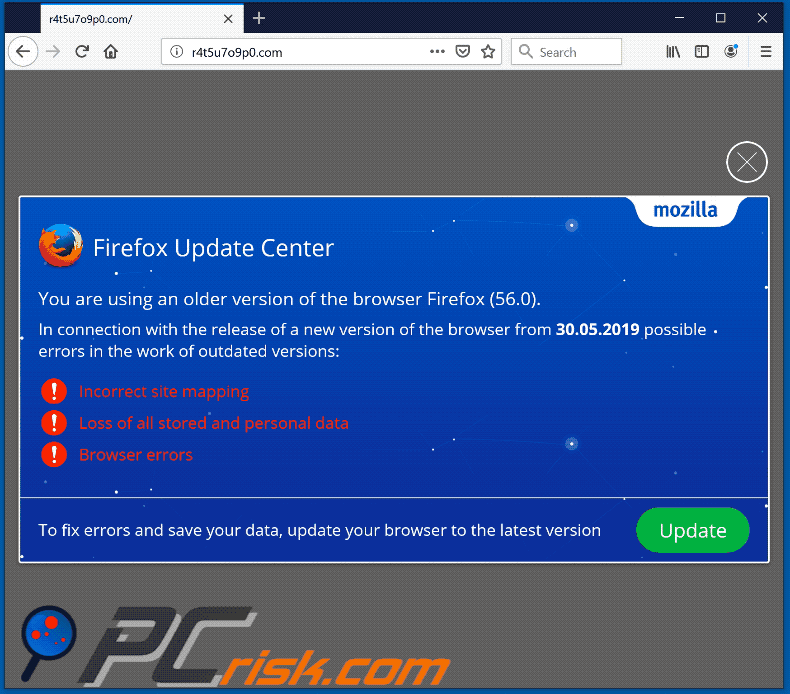 Sitio web que insta a los visitantes a actualizar el navegador Mozilla Firefox (GIF)