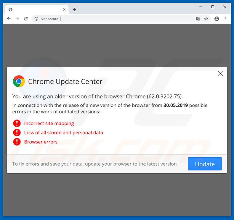 Sitio web que insta a los visitantes a actualizar el navegador Google Chrome