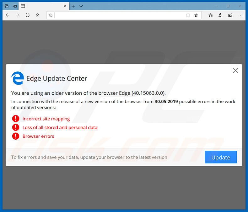 Sitio web que insta a los visitantes a actualizar el navegador Microsoft Edge